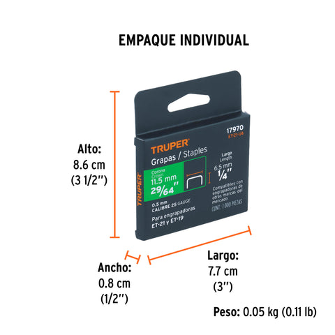 Caja con 1000 grapas 1/4' corona 11.3 mm para ET-21, Truper | ET-21-1/4 | 17970