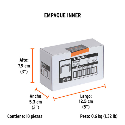 Caja con 1000 grapas 1/4' corona 11.3 mm para ET-21, Truper | ET-21-1/4 | 17970