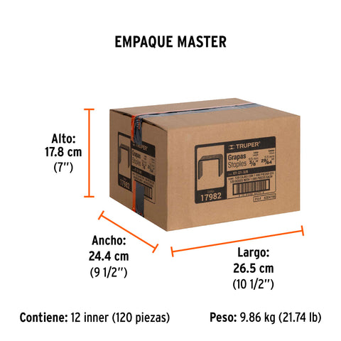 Caja con 1000 grapas 3/8'corona 11.3 mm para ET-21, Truper | ET-21-3/8 | 17982