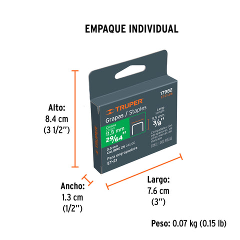 Caja con 1000 grapas 3/8'corona 11.3 mm para ET-21, Truper | ET-21-3/8 | 17982