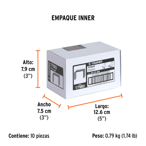 Caja con 1000 grapas 3/8'corona 11.3 mm para ET-21, Truper | ET-21-3/8 | 17982