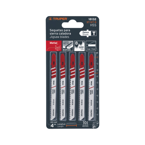 Blíster con 5 seguetas 8 DPP zanco 'T' corte recto metal | ST-127-D | 18132