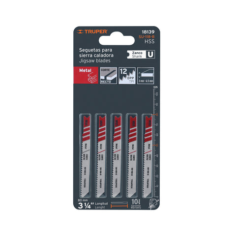 Blíster con 5 seguetas 12 DPP zanco 'U' corte recto metal | SU-118-B | 18139