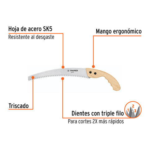 Serrucho de poda 12',hoja curva,6 DPP, mango madera, TRUPER | STP-12 | 18171