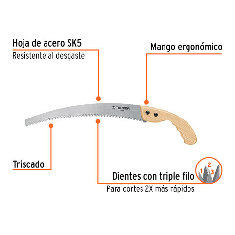 Serrucho de poda 14',hoja curva,6 DPP, mango madera, TRUPER | STP-14 | 18172