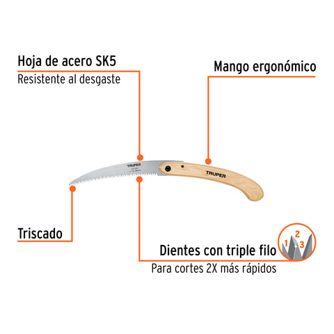 Serrucho plegable 10' hoja curva 6 DPP, mango madera, Truper | STP-12PL | 18178