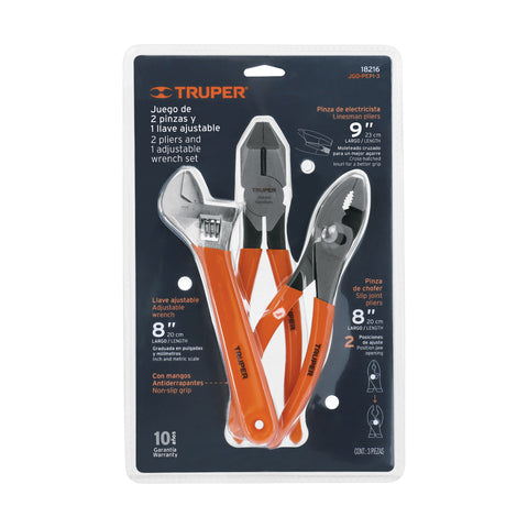 Juego con 2 pinzas y 1 llave ajustable mango de PVC, Truper | JGO-PEPI-3 | 18216