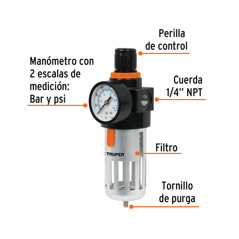 Filtro y regulador, presión de aire, cuerda 1/4' NPT, TRUPER | FIRE-1/4 | 18238