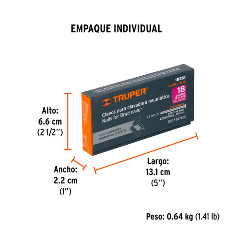 Caja con 5000 clavos calibre 18, 15 mm para CLNE-18, Truper | CLANEU-18-15 | 18261