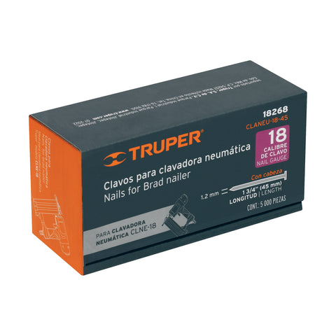 Caja con 5000 clavos calibre 18, 45 mm para CLNE-18, Truper | CLANEU-18-45 | 18268