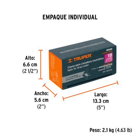 Caja con 5000 clavos calibre 18, 50 mm para CLNE-18, Truper | CLANEU-18-50 | 18269