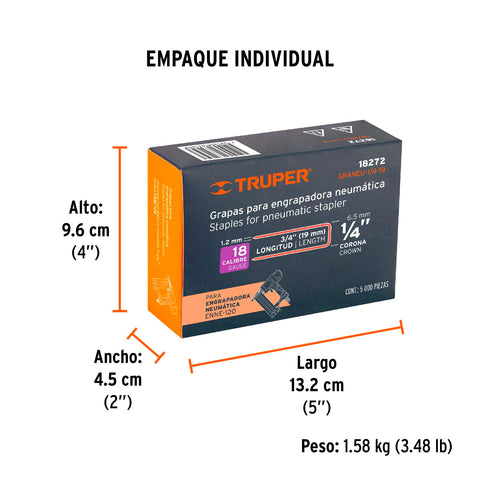 Caja con 5000 grapas corona 1/4' calibre 18, 19mm p/ENNE-120 | GRANEU-1/4-19 | 18272