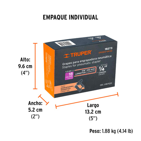 Caja con 5000 grapas corona 1/4' calibre 18, 22mm p/ENNE-120 | GRANEU-1/4-22 | 18273