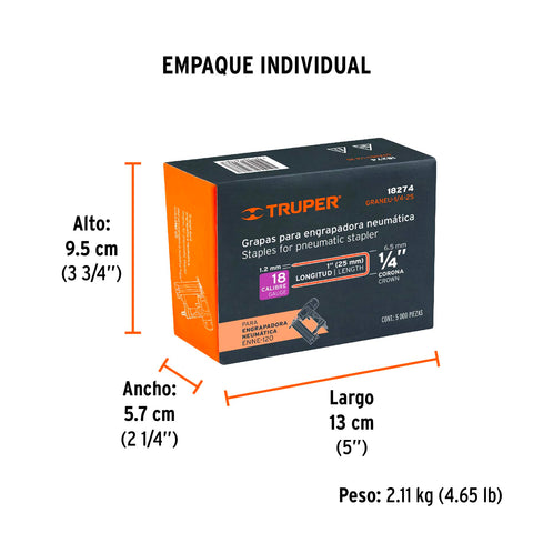 Caja con 5000 grapas corona 1/4' calibre 18, 25mm p/ENNE-120 | GRANEU-1/4-25 | 18274