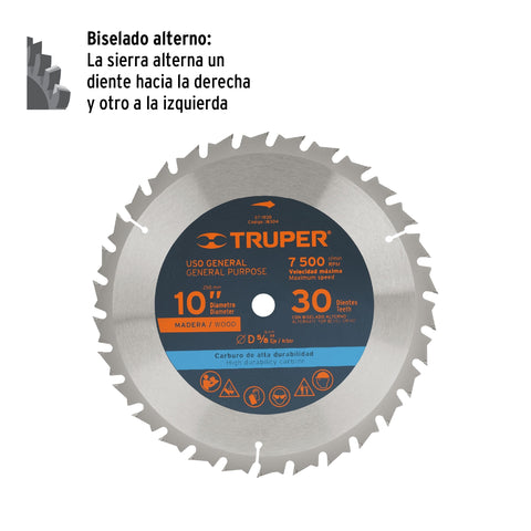 Disco sierra 10' para madera, 30 dientes centro 5/8', Truper | ST-1030 | 18304