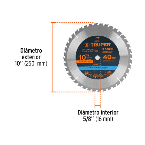 Disco sierra 10' para madera, 40 dientes centro 5/8', Truper | ST-1040 | 18305