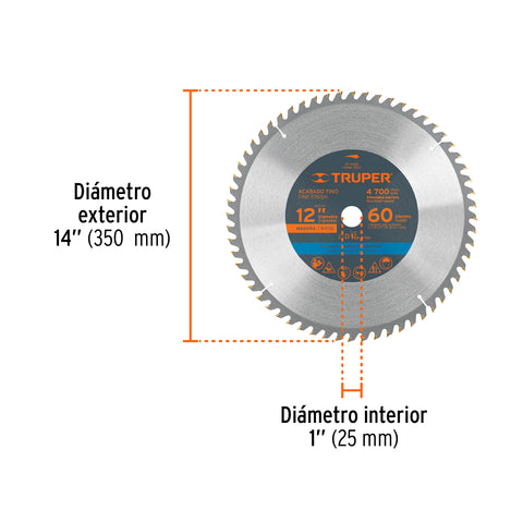 Disco sierra 12' para madera, 60 dientes centro 1', Truper | ST-1260E | 18312