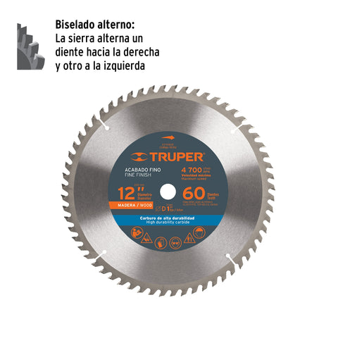 Disco sierra 12' para madera, 60 dientes centro 1', Truper | ST-1260E | 18312