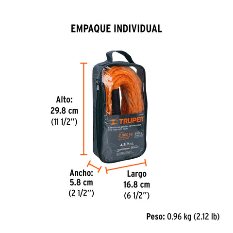 Cuerda con ganchos para remolque, 27 mm x 4.5 m, Truper | CREM-7/8X45 | 18346