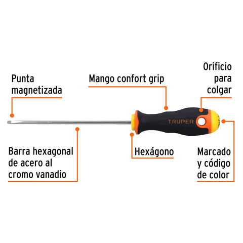 Desarmador cabinet 1/8' x 4-1/2' mango Comfort Grip, Truper | DG-1/8X4-1/2B | 18549