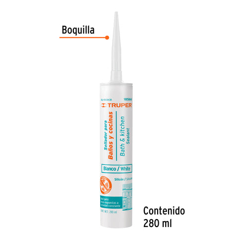 Sellador blanco para baños y cocinas, 280 ml, Truper | SIL-100BCB | 18566