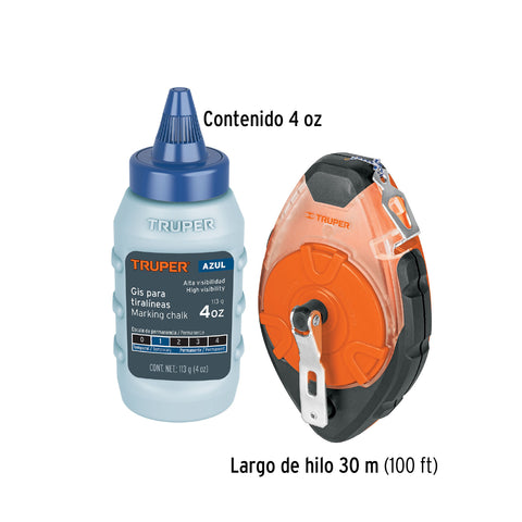 Tiralíneas profesional plástico con gis, 30m(100 ft), Truper | TL-100 | 18575