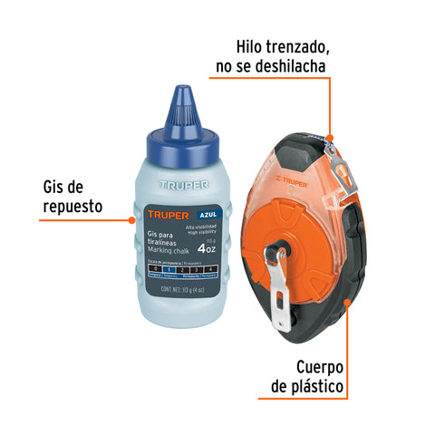 Tiralíneas profesional plástico con gis, 30m(100 ft), Truper | TL-100 | 18575