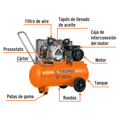 Compresor lubricado, de banda, 60L, hor, 4HP, 127V, TRUPER | COMP-60LB | 19005
