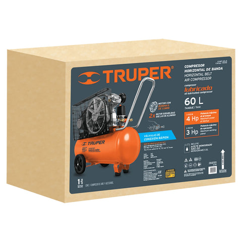 Compresor lubricado, de banda, 60L, hor, 4HP, 127V, TRUPER | COMP-60LB | 19005