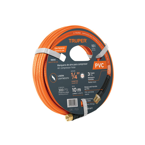 Manguera para compresor, de PVC, 10m x 1/4', Truper | MAN-PI-10-1/4 | 19014