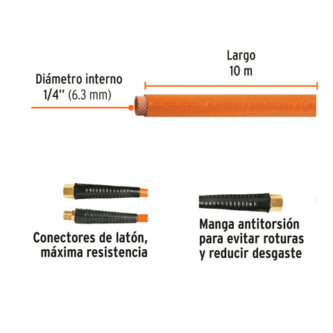 Manguera para compresor, de PVC, 10m x 1/4', Truper | MAN-PI-10-1/4 | 19014