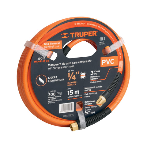 Manguera para compresor, de PVC, 15m x 1/4', Truper | MAN-PI-15-1/4 | 19015