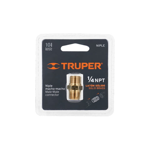 Niple de latón, macho-macho, cuerda 1/4' NPT, TRUPER | NIPLE | 19024