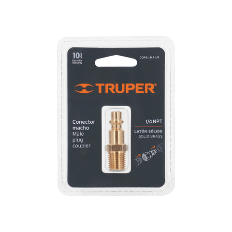 Conector rápido de latón, macho, cuerda 1/4' NPT, TRUPER | CORAL-MA-1/4 | 19083