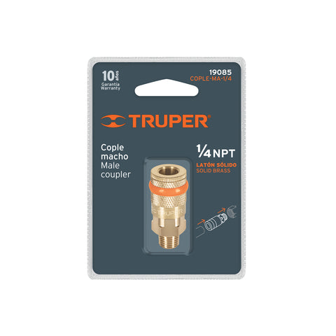 Cople rápido de latón, macho, cuerda 1/4' NPT, TRUPER | COPLE-MA-1/4 | 19085