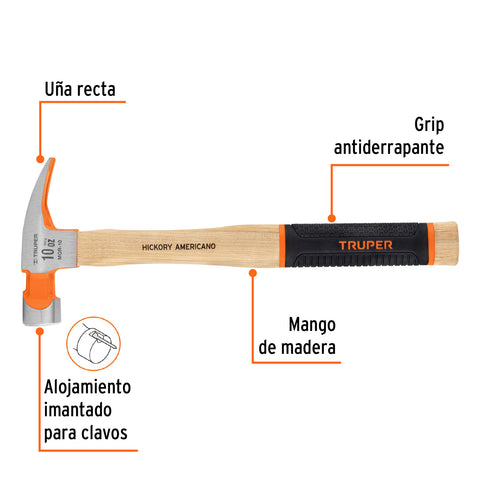 Martillo pulido 10 oz uña recta, mango hickory, Truper Grip | MOR-10 | 19711