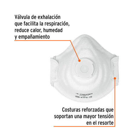 Respirador N95 con válvula para polvos y partículas, Truper | MAS-POR-V-B | 19757