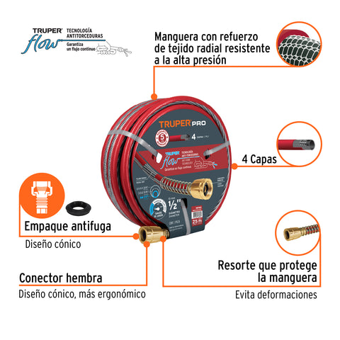 Manguera 1/2' super reforzada 4 capas 25 m conexiones metal | MAN-25x1/2X | 19793