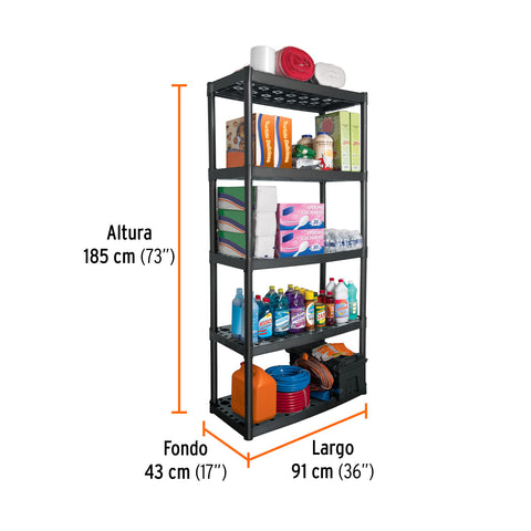 Estante plástico uso rudo 5 rep/cap. 70 Kg, 185x43x91,TRUPER | EST-5 | 19943