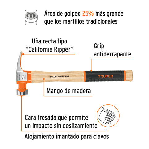 Martillo 20 oz uña recta tipo California Ripper, Truper Grip | MORCA-20 | 19990