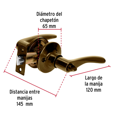 Cerradura manija 'Milán' recámara latón antiguo, cil metal | CEMA-2RB | 20034