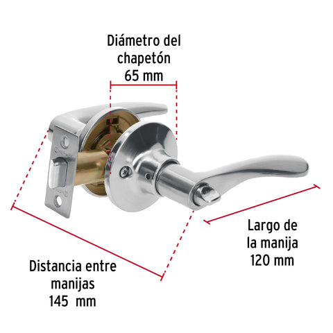 Cerradura manija 'Milán' baño cromo mate, cilindro metal | CEMA-3BB | 20037