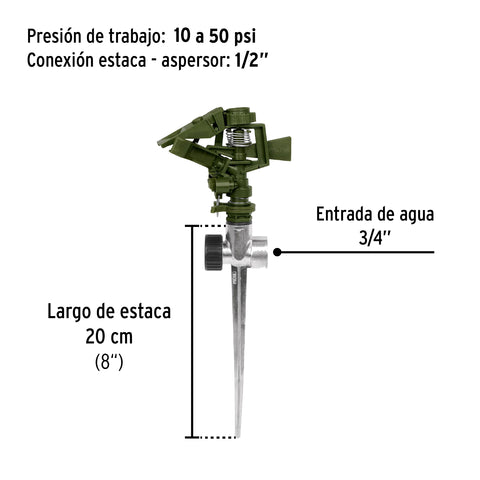 Aspersor plástico 11' dos vías estaca metálica verde, PRETUL | ASVE-11X | 20072