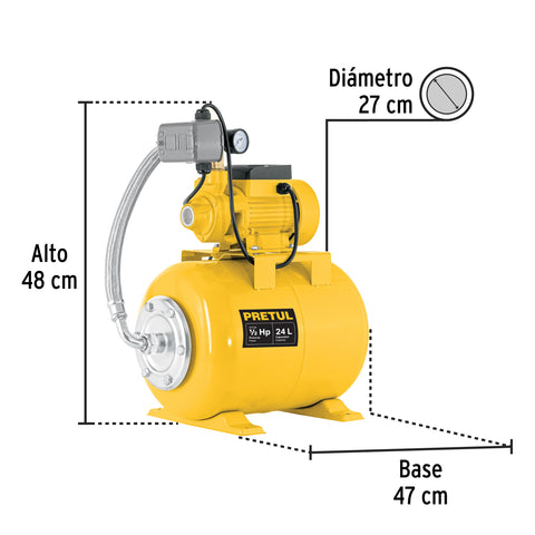 Equipo hidroneumático 24L, bomba periférica 1/2 HP, PRETUL | HIDR-1/2X24P | 20183