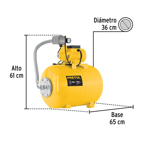 Equipo hidroneumático 50L, bomba periférica 1/2 HP, PRETUL | HIDR-1/2X50P | 20184