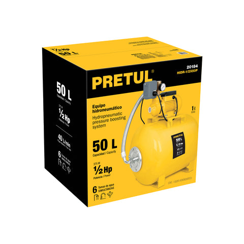 Equipo hidroneumático 50L, bomba periférica 1/2 HP, PRETUL | HIDR-1/2X50P | 20184