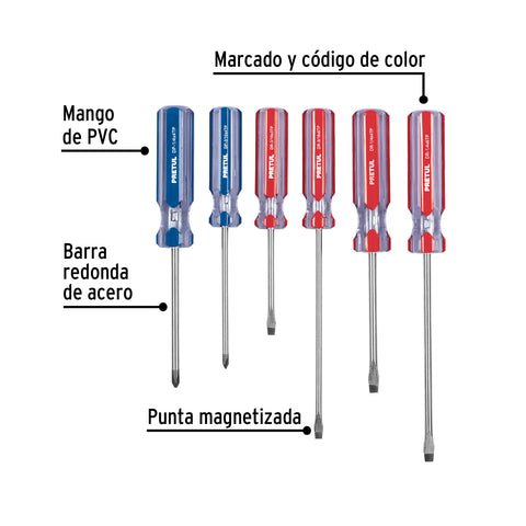 Juego de 6 desarmadores mango de PVC, Pretul | JD-6TP | 20214