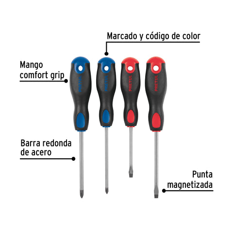 Juego de 4 desarmadores mango Comfort Grip, Pretul | JD-4BP | 20218