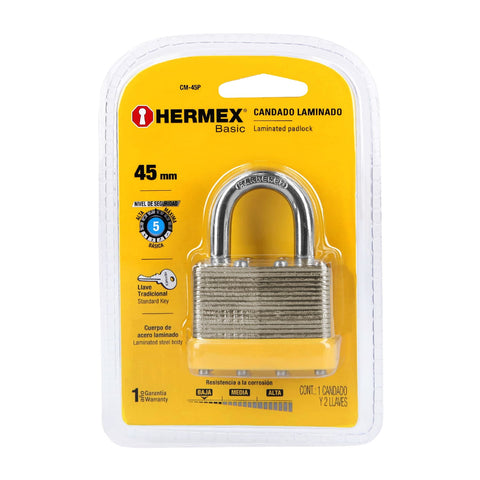 Candado laminado, 45mm, gancho corto, blister, HERMEX BASIC | CM-45P | 20504