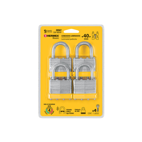 Juego de 4 candados cuerpo laminado, 40 mm, HERMEX BASIC | CM-40X4P | 20507